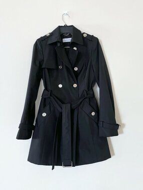 Calvin Klein Women's Button Down Rain Coat, Black Double Breasted Trench Coat